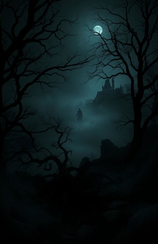 A foreboding landscape shrouded in darkness, with swirling mist and shadowy trees silhouetted against a faintly glowing moon