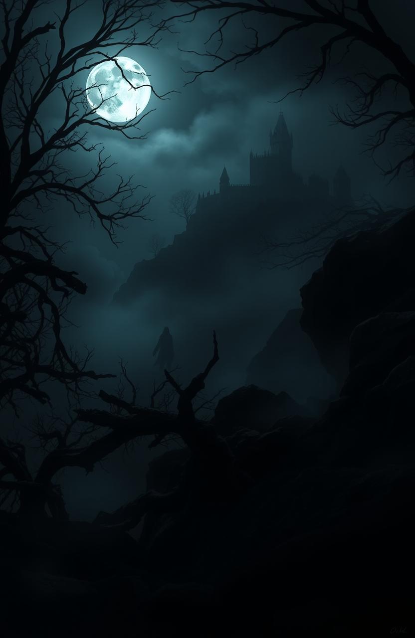 A foreboding landscape shrouded in darkness, with swirling mist and shadowy trees silhouetted against a faintly glowing moon