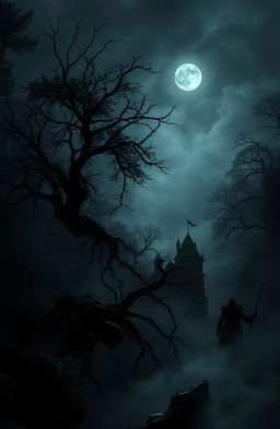A foreboding landscape shrouded in darkness, with swirling mist and shadowy trees silhouetted against a faintly glowing moon