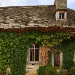 A rustic single floor village style house, with thatched roof, ivy crawling over stone walls, and charming wooden windows.