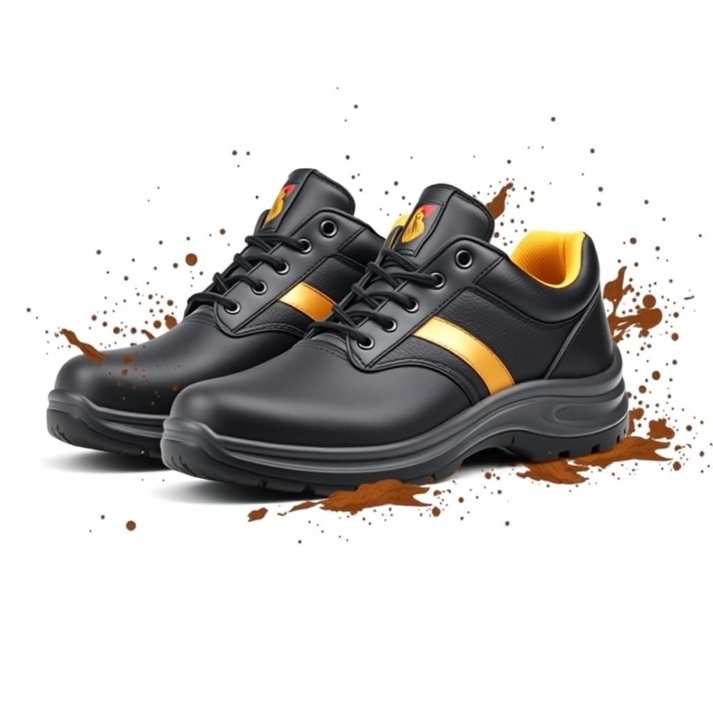 A pair of light black safety shoes featuring a stylish golden stripe and a prominent cocker head logo