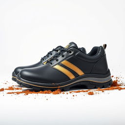 A pair of light black safety shoes featuring a stylish golden stripe and a prominent cocker head logo