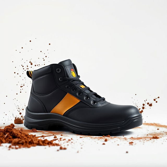 A pair of light black safety shoes featuring a stylish golden stripe and a prominent cocker head logo