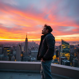 A man standing on a rooftop, gazing thoughtfully at a sprawling city skyline during sunset