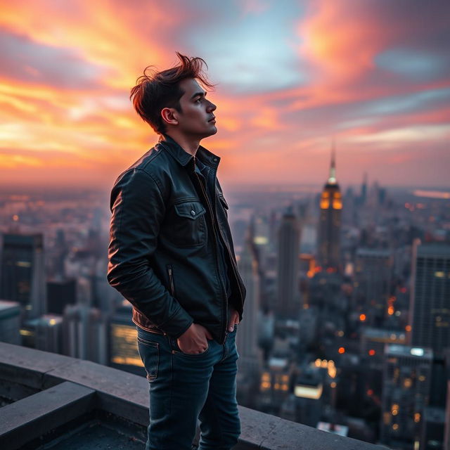 A man standing on a rooftop, gazing thoughtfully at a sprawling city skyline during sunset