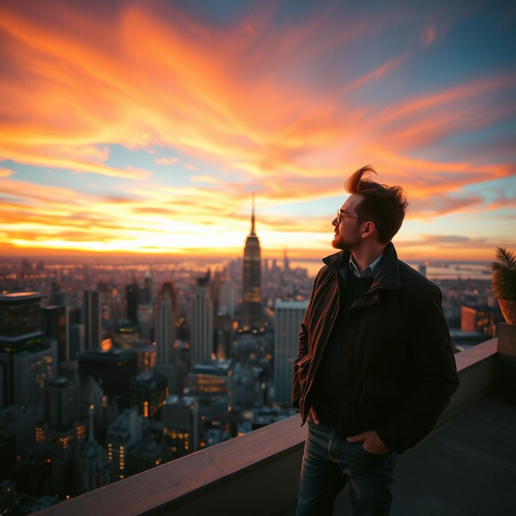 A man standing on a rooftop, gazing thoughtfully at a sprawling city skyline during sunset