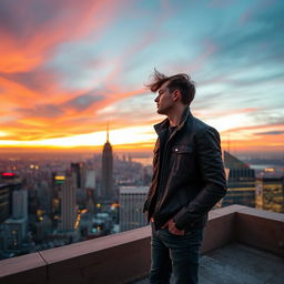 A man standing on a rooftop, gazing thoughtfully at a sprawling city skyline during sunset