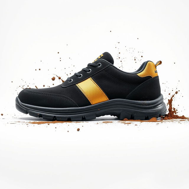 A pair of light black suede safety shoes featuring a stylish golden stripe and a prominent dog cocker head logo