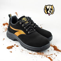 A pair of light black suede safety shoes featuring a stylish golden stripe and a prominent dog cocker head logo