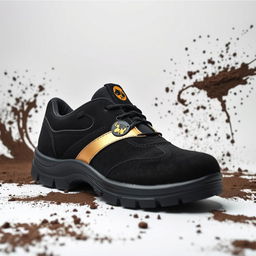 A pair of light black suede safety shoes featuring a stylish golden stripe and a prominent dog cocker head logo