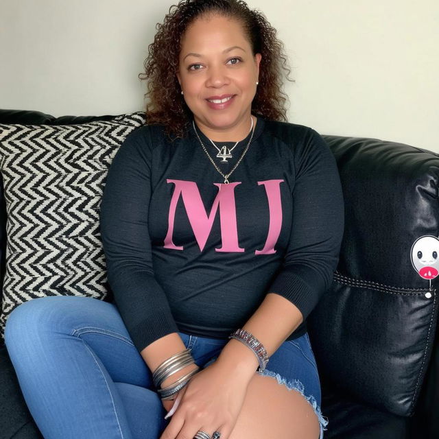 A cheerful woman sitting on a stylish black couch, wearing a dark gray sweater featuring large pink letters 'MJ'