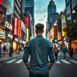 A man standing in the middle of a bustling city street, facing away from the viewer and gazing at the vibrant urban landscape ahead