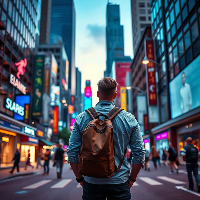 A man standing in the middle of a bustling city street, facing away from the viewer and gazing at the vibrant urban landscape ahead