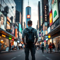 A man standing in the middle of a bustling city street, facing away from the viewer and gazing at the vibrant urban landscape ahead