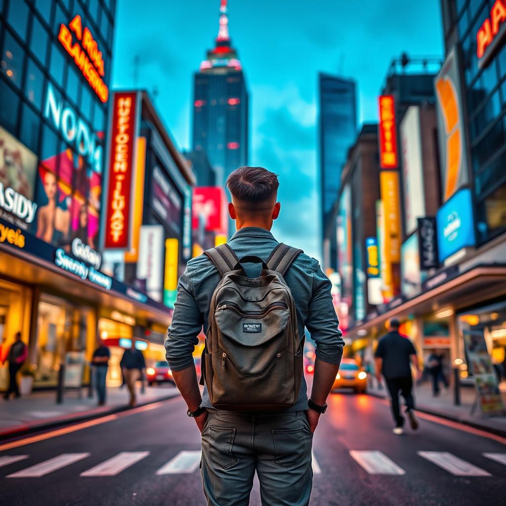 A man standing in the middle of a bustling city street, facing away from the viewer and gazing at the vibrant urban landscape ahead