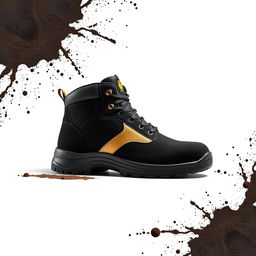 A pair of light black suede safety shoes featuring an elegant golden stripe and a distinct cocker head logo