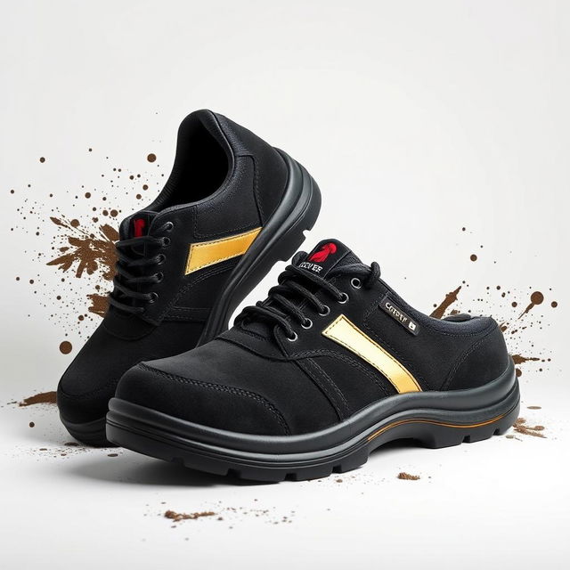 A pair of light black suede safety shoes featuring an elegant golden stripe and a distinct cocker head logo