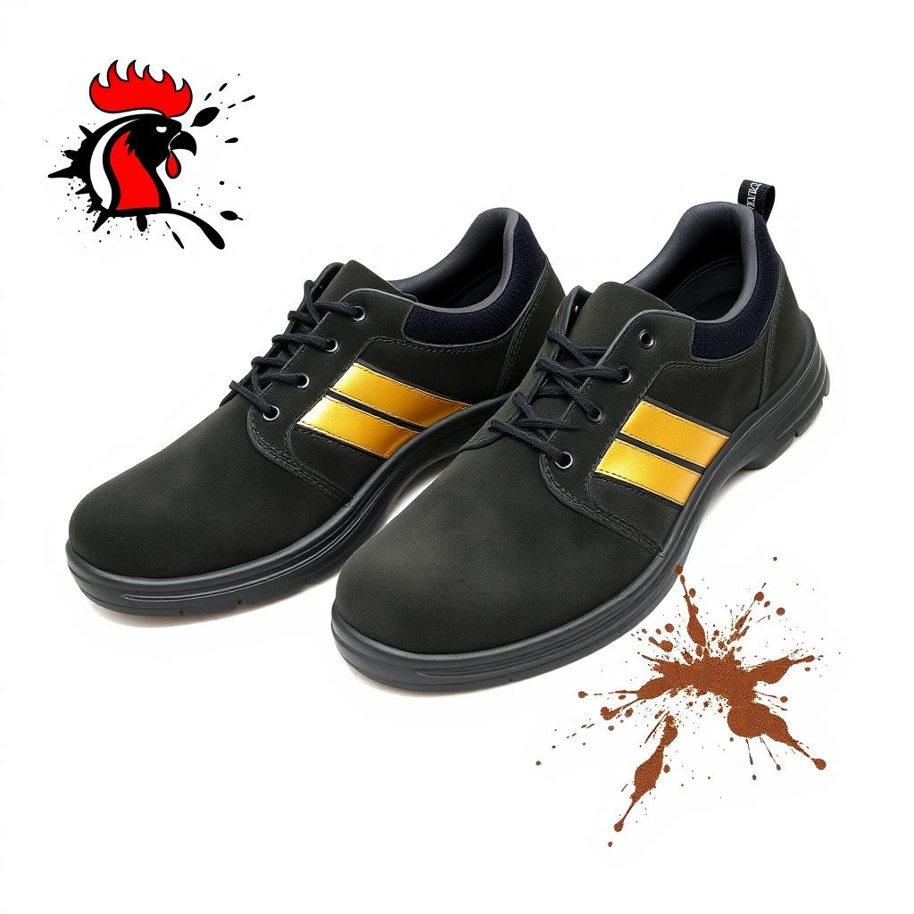 A pair of light black suede safety shoes featuring an elegant golden stripe and a distinct cocker head logo