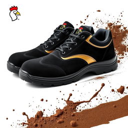 A pair of light black suede safety shoes featuring an elegant golden stripe and a distinct cocker head logo