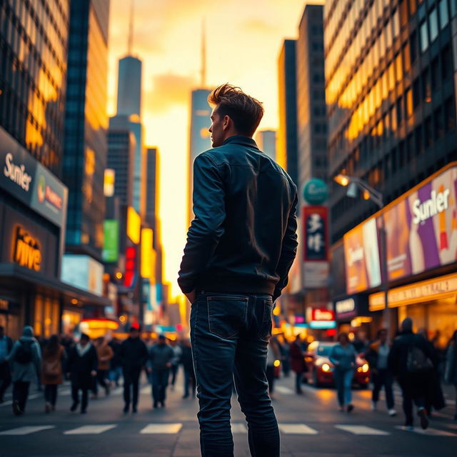 A lone male figure standing in the middle of a bustling city street, facing away from the viewer and gazing at the skyline