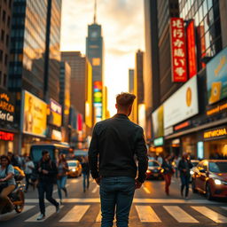 A lone male figure standing in the middle of a bustling city street, facing away from the viewer and gazing at the skyline