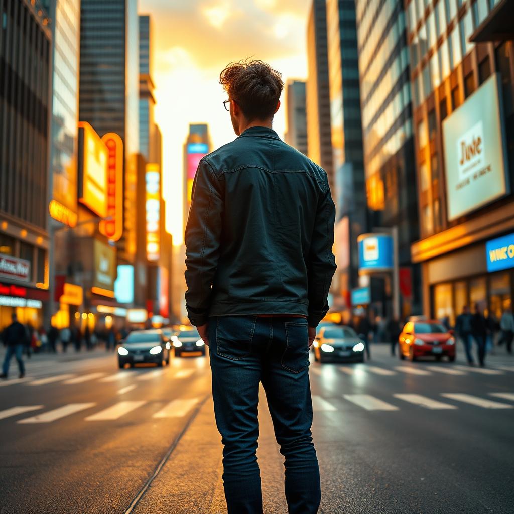 A lone male figure standing in the middle of a bustling city street, facing away from the viewer and gazing at the skyline