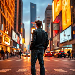 A lone male figure standing in the middle of a bustling city street, facing away from the viewer and gazing at the skyline