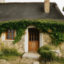 A rustic single floor village style house, with thatched roof, ivy crawling over stone walls, and charming wooden windows.