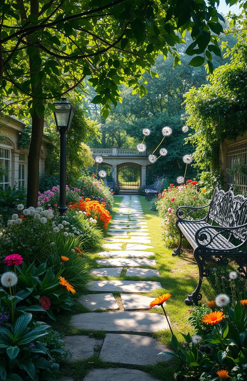 A dreamy old-world garden scene, filled with lush greenery and colorful flowers, featuring delicate dandelion seeds gently blowing away in the breeze