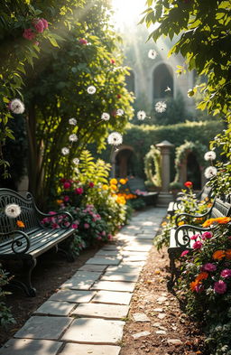 A dreamy old-world garden scene, filled with lush greenery and colorful flowers, featuring delicate dandelion seeds gently blowing away in the breeze