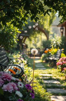 A dreamy old-world garden scene, filled with lush greenery and colorful flowers, featuring delicate dandelion seeds gently blowing away in the breeze