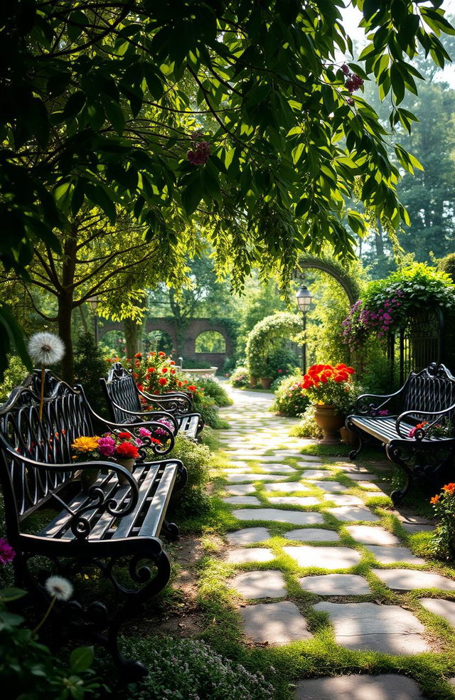 A dreamy old-world garden scene, filled with lush greenery and colorful flowers, featuring delicate dandelion seeds gently blowing away in the breeze