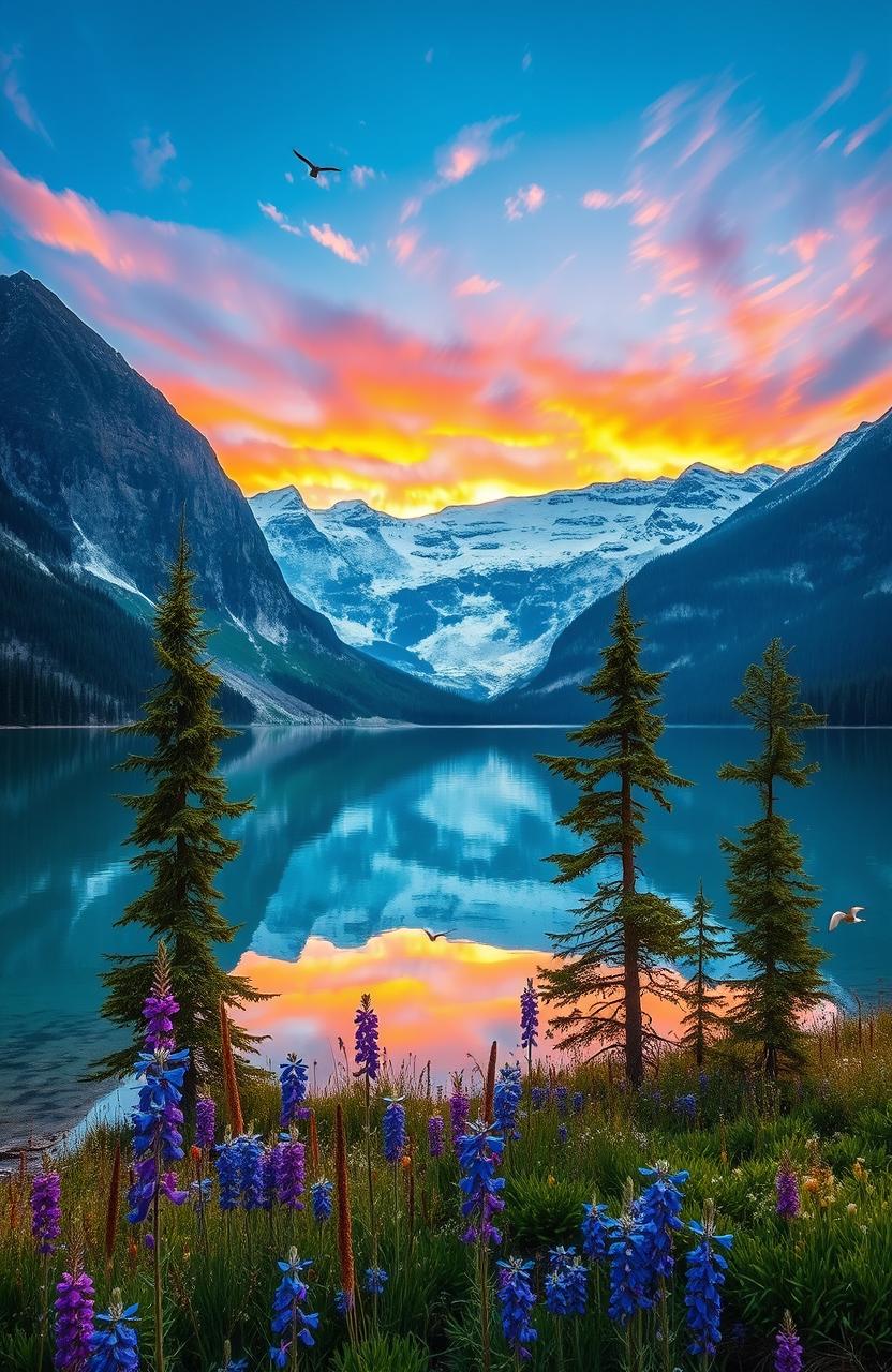 A majestic landscape featuring a serene lake surrounded by towering snow-capped mountains under a vibrant sunset sky