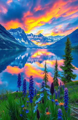 A majestic landscape featuring a serene lake surrounded by towering snow-capped mountains under a vibrant sunset sky