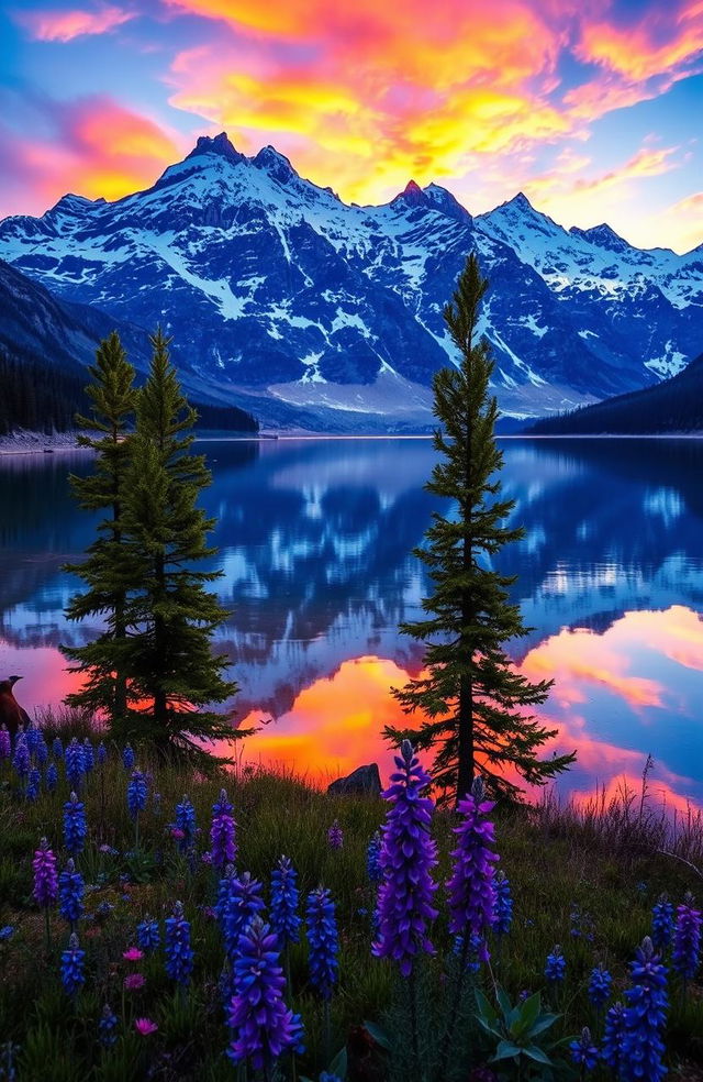 A majestic landscape featuring a serene lake surrounded by towering snow-capped mountains under a vibrant sunset sky