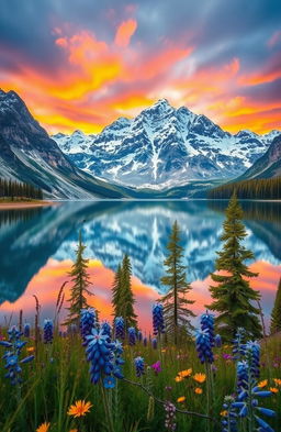 A majestic landscape featuring a serene lake surrounded by towering snow-capped mountains under a vibrant sunset sky