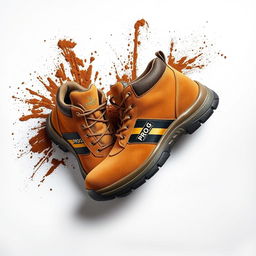 A pair of light brown suede safety shoes positioned diagonally, showcasing a striking golden and black stripe with the word 'PROG' prominently displayed