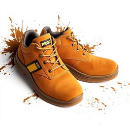 A pair of light brown suede safety shoes positioned diagonally, showcasing a striking golden and black stripe with the word 'PROG' prominently displayed