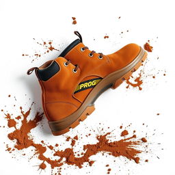 A pair of light brown suede safety shoes positioned diagonally, showcasing a striking golden and black stripe with the word 'PROG' prominently displayed