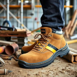 A person wearing light brown suede safety shoes featuring a striking golden and black stripe with the word 'PROG' prominently displayed