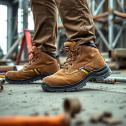 A person wearing light brown suede safety shoes featuring a striking golden and black stripe with the word 'PROG' prominently displayed