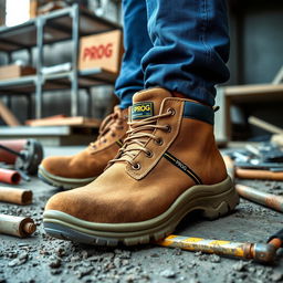 A person wearing light brown suede safety shoes featuring a striking golden and black stripe with the word 'PROG' prominently displayed