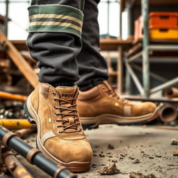 A person wearing light brown suede safety shoes featuring a striking golden and black stripe with the word 'PROG' prominently displayed