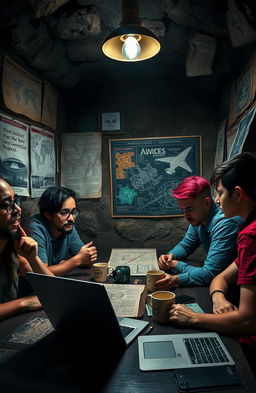 A mysterious scene set in a dimly lit underground room filled with maps and documents pinned to the walls
