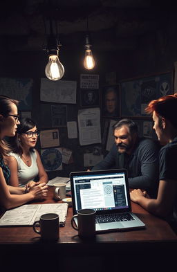 A mysterious scene set in a dimly lit underground room filled with maps and documents pinned to the walls