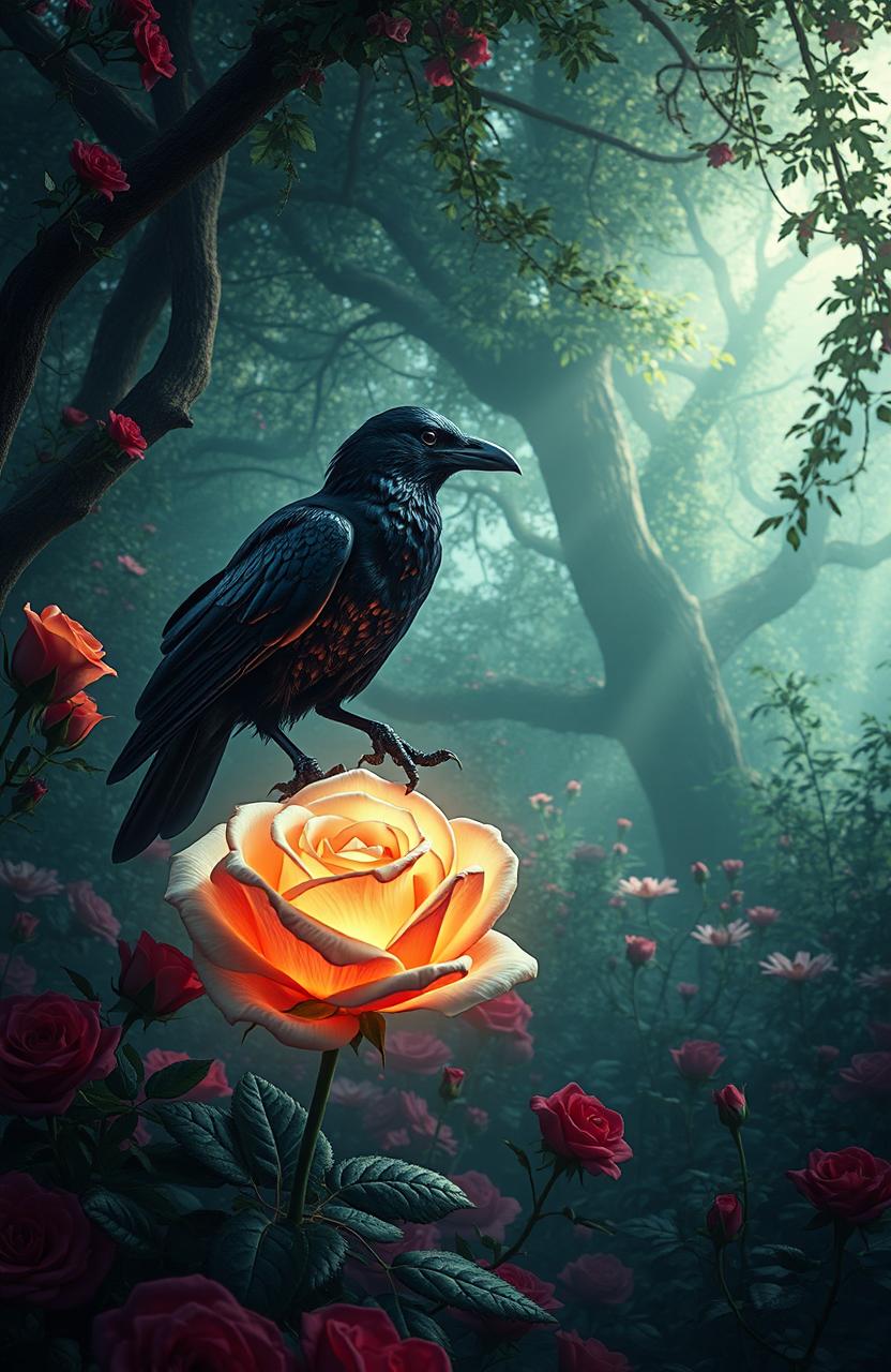 A captivating historical fantasy scene depicting a mystical encounter between a raven and a beautiful enchanted rose