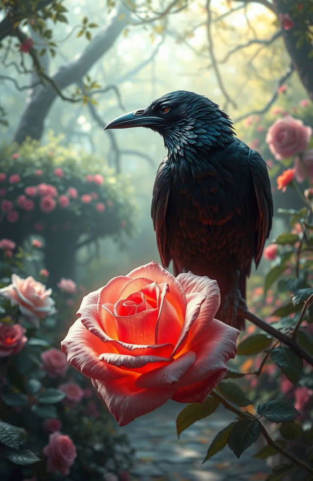 A captivating historical fantasy scene depicting a mystical encounter between a raven and a beautiful enchanted rose