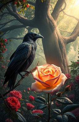 A captivating historical fantasy scene depicting a mystical encounter between a raven and a beautiful enchanted rose