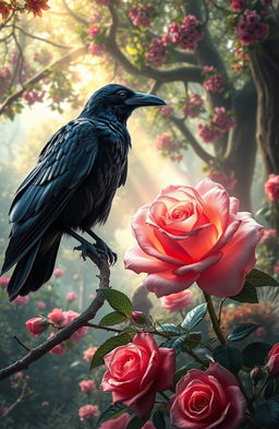 A captivating historical fantasy scene depicting a mystical encounter between a raven and a beautiful enchanted rose