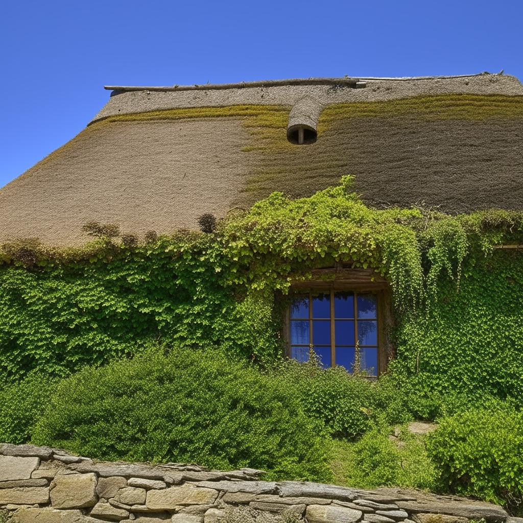 A rustic single floor village style house, with thatched roof, ivy crawling over stone walls, and charming wooden windows.